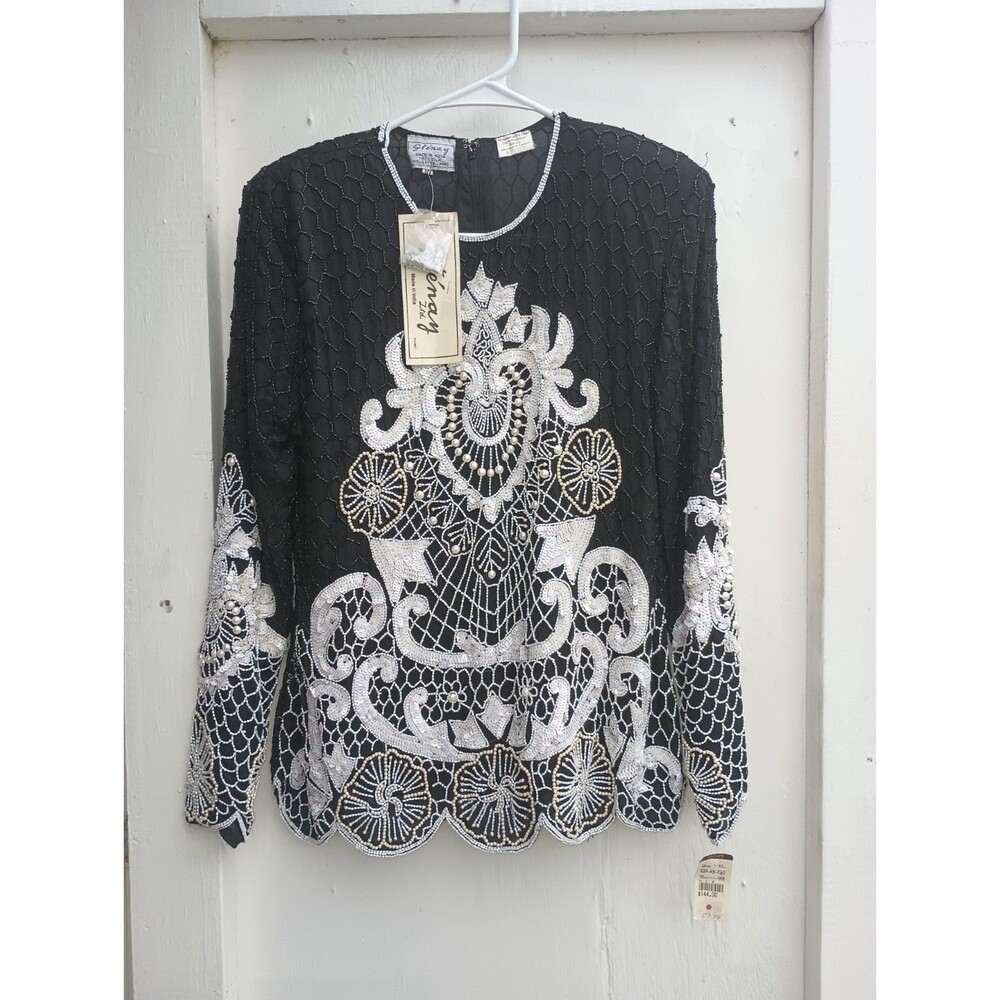 Vintage 90s Stenay Beaded Sequined 10 Black & White Top Women's New Deadstock